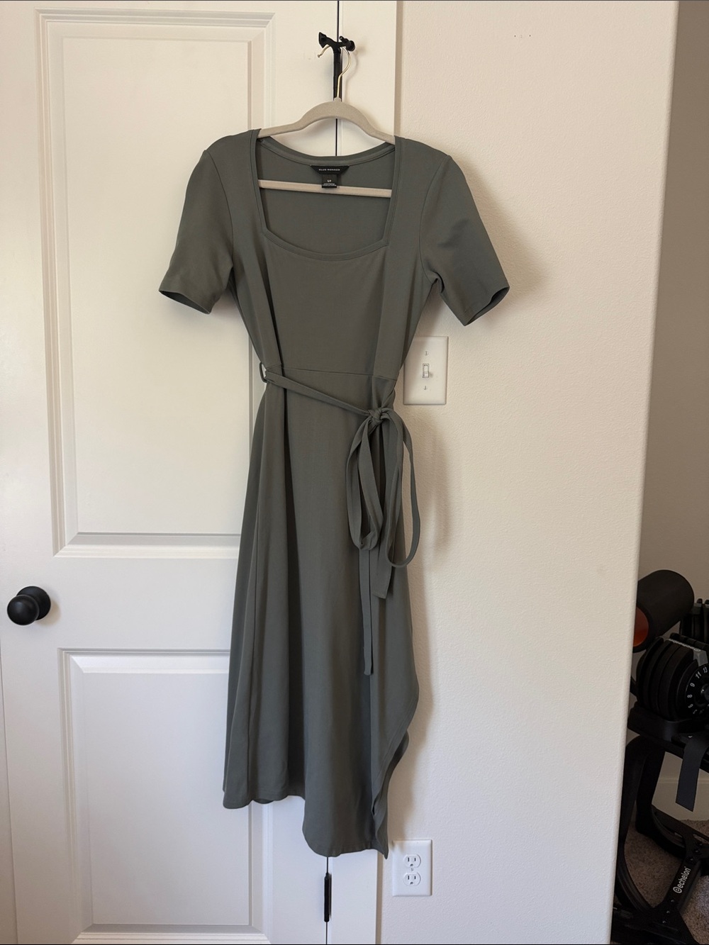 Club Monaco Olive Green Midi Dress with Short Sleeves. Asymmetrical hem.